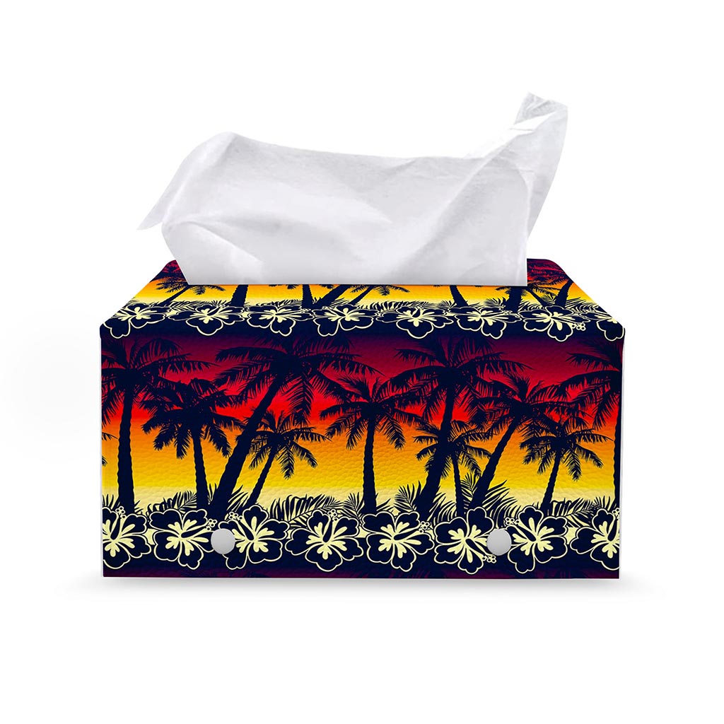 Sunset Hibiscus Palm Tree Pattern Print Leather Tissue Box Cover