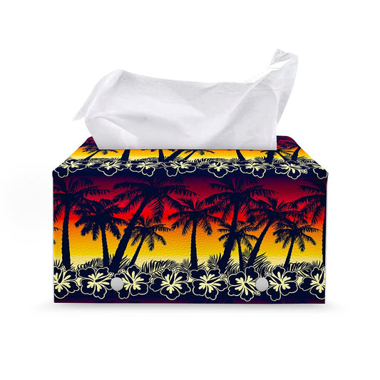 Sunset Hibiscus Palm Tree Pattern Print Leather Tissue Box Cover