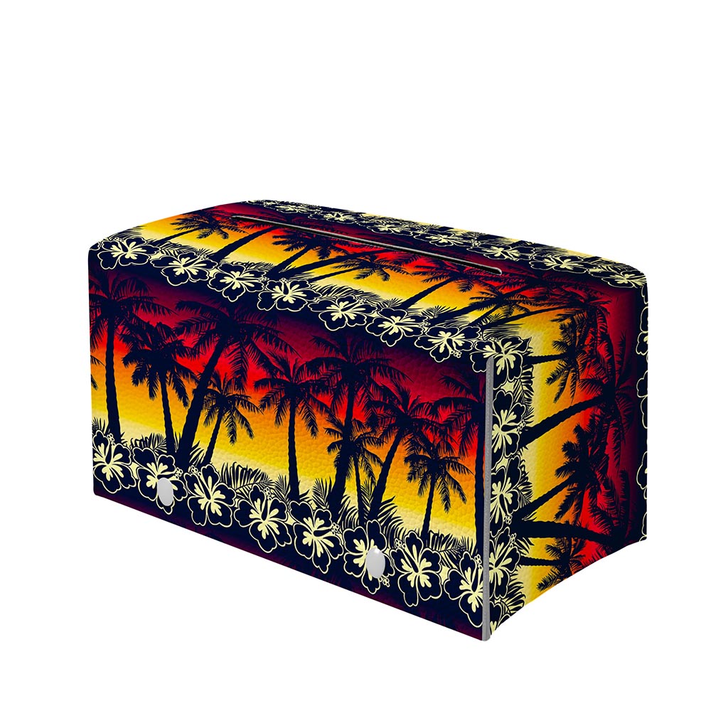 Sunset Hibiscus Palm Tree Pattern Print Leather Tissue Box Cover