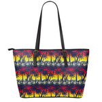 Sunset Hibiscus Palm Tree Pattern Print Leather Tote Bag