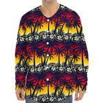 Sunset Hibiscus Palm Tree Pattern Print Long Sleeve Baseball Jersey