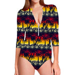 Sunset Hibiscus Palm Tree Pattern Print Long Sleeve Swimsuit