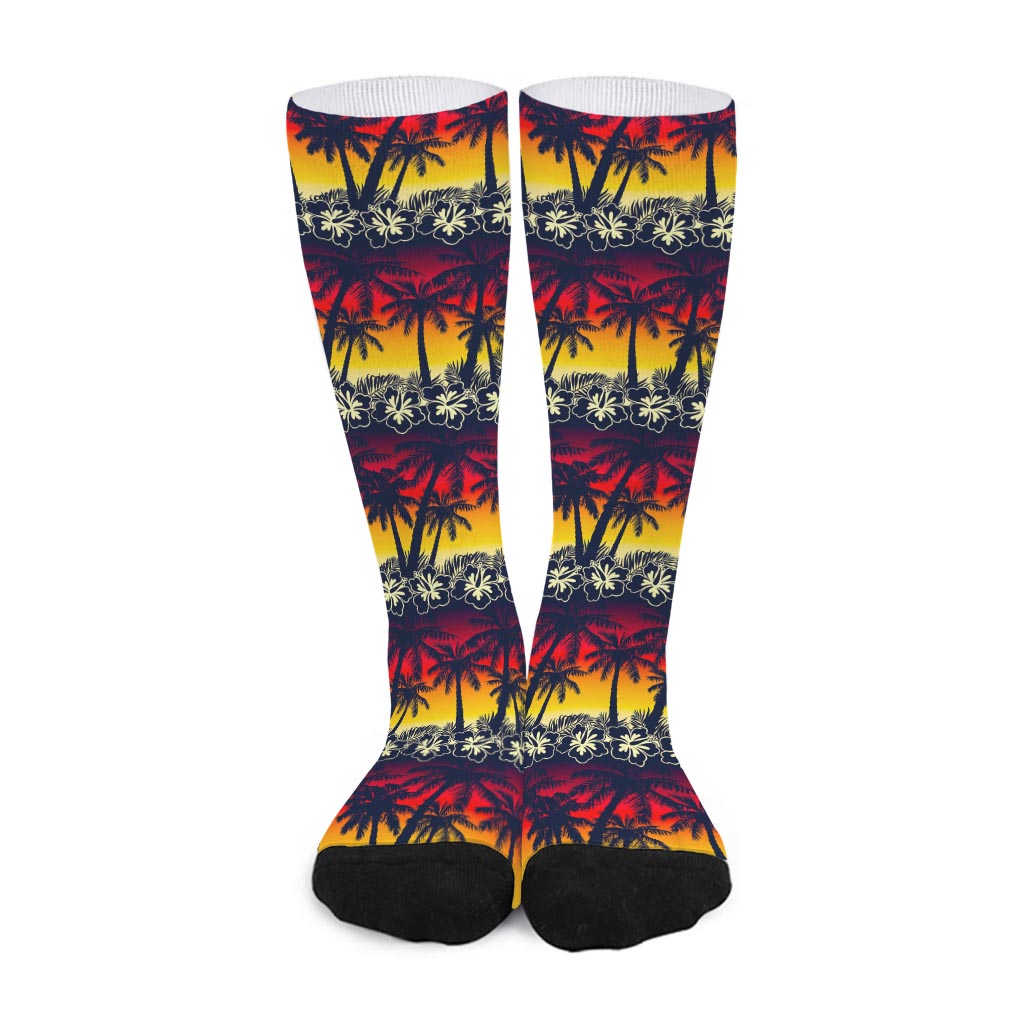Sunset Hibiscus Palm Tree Pattern Print Long Socks