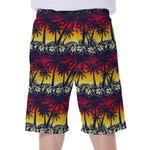Sunset Hibiscus Palm Tree Pattern Print Men's Beach Shorts