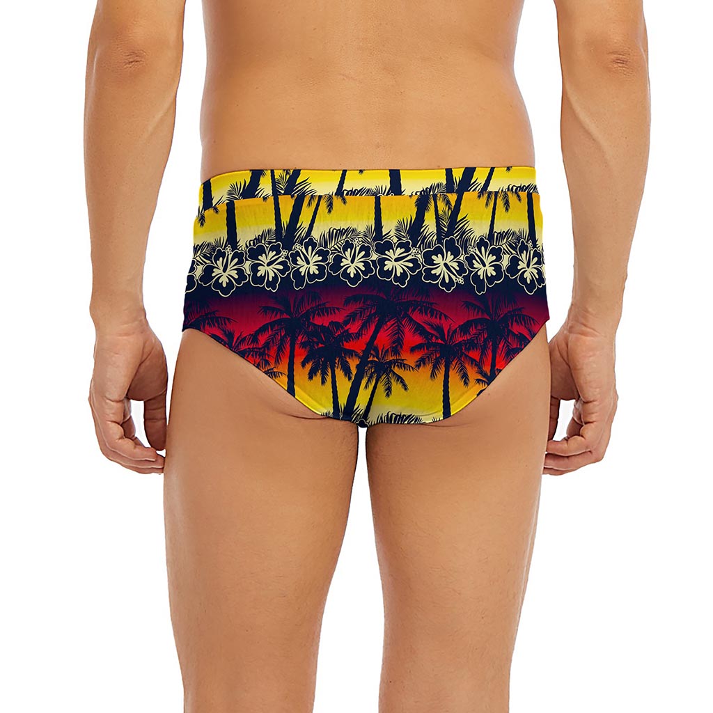 Sunset Hibiscus Palm Tree Pattern Print Men's Briefs