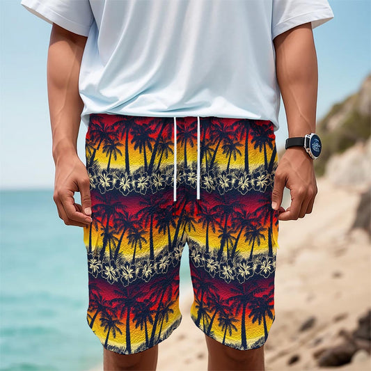 Sunset Hibiscus Palm Tree Pattern Print Men's Cargo Shorts