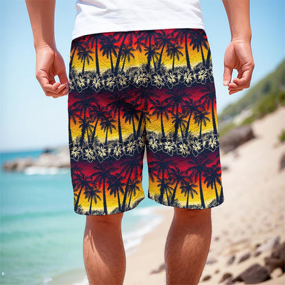 Sunset Hibiscus Palm Tree Pattern Print Men's Cargo Shorts