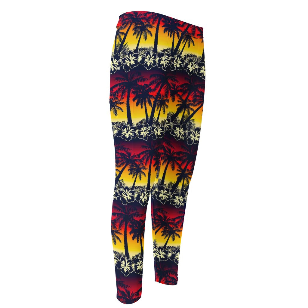 Sunset Hibiscus Palm Tree Pattern Print Men's Compression Pants