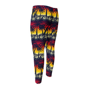 Sunset Hibiscus Palm Tree Pattern Print Men's Compression Pants