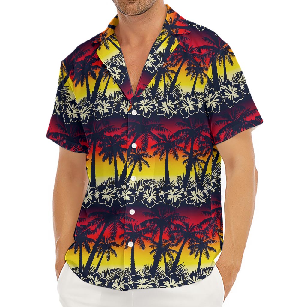 Sunset Hibiscus Palm Tree Pattern Print Men's Deep V-Neck Shirt