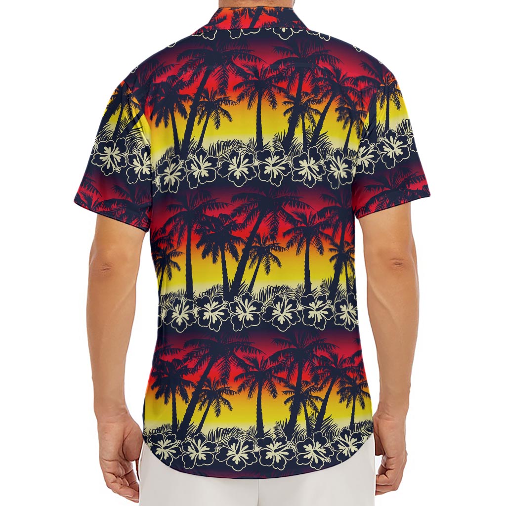 Sunset Hibiscus Palm Tree Pattern Print Men's Deep V-Neck Shirt