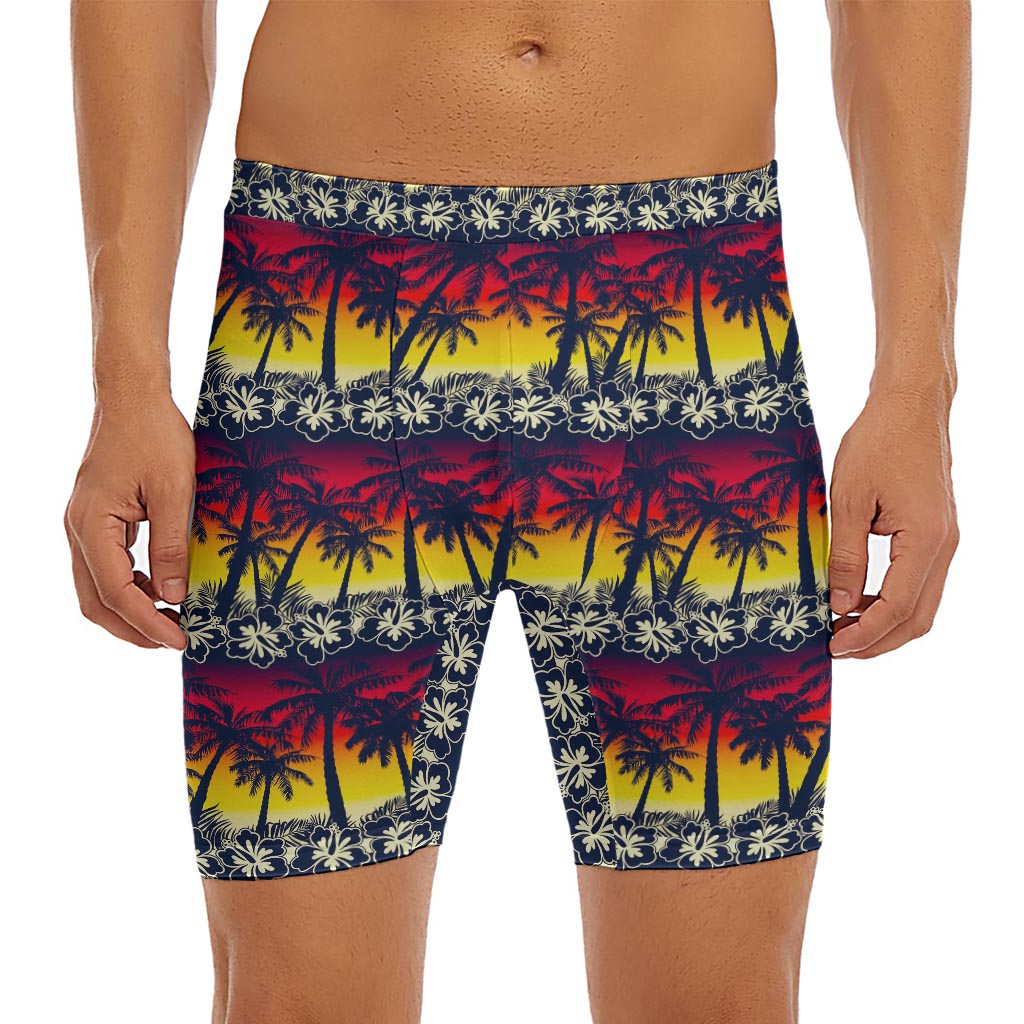 Sunset Hibiscus Palm Tree Pattern Print Men's Long Boxer Briefs