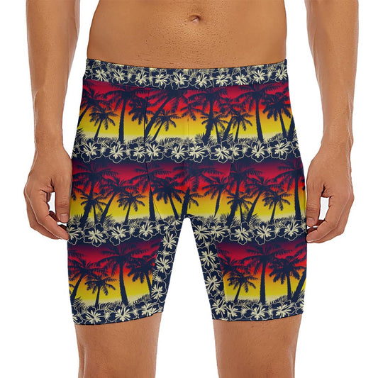 Sunset Hibiscus Palm Tree Pattern Print Men's Long Boxer Briefs