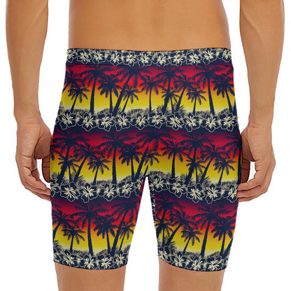 Sunset Hibiscus Palm Tree Pattern Print Men's Long Boxer Briefs