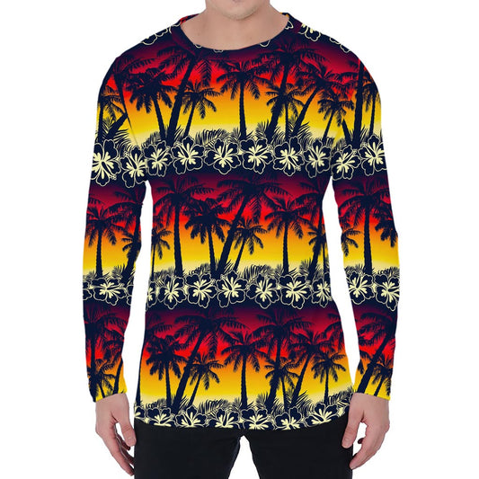 Sunset Hibiscus Palm Tree Pattern Print Men's Long Sleeve T-Shirt