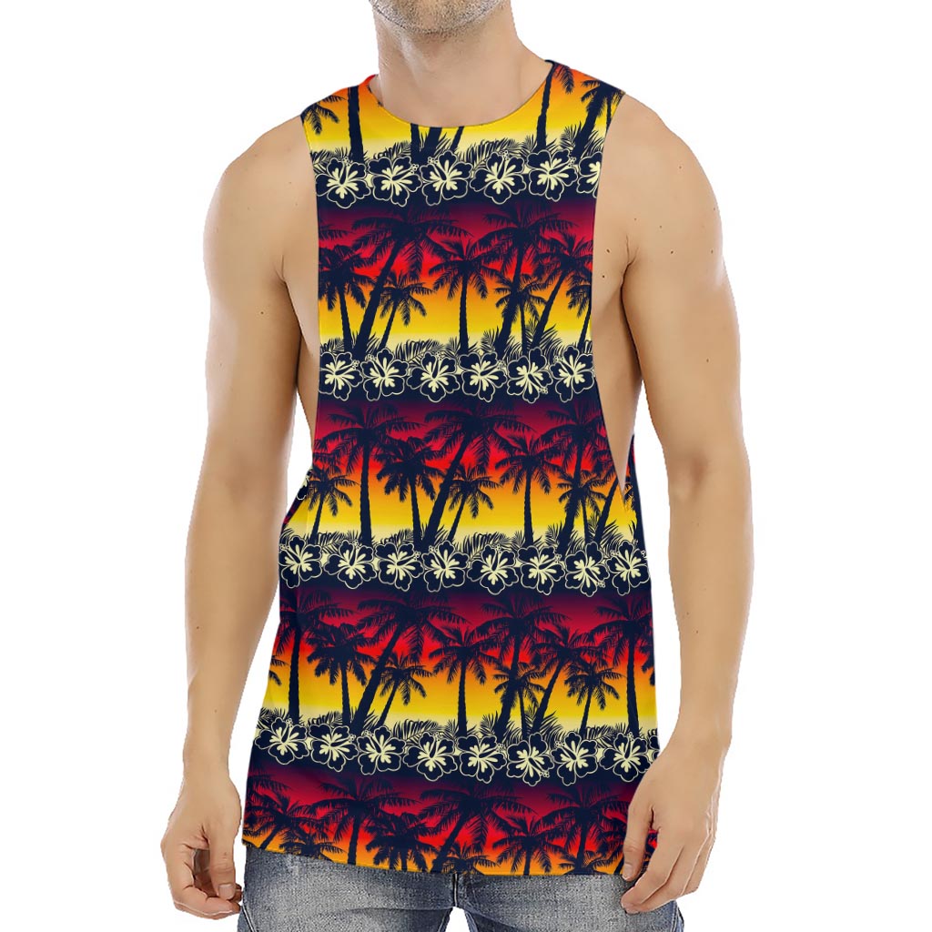 Sunset Hibiscus Palm Tree Pattern Print Men's Muscle Tank Top
