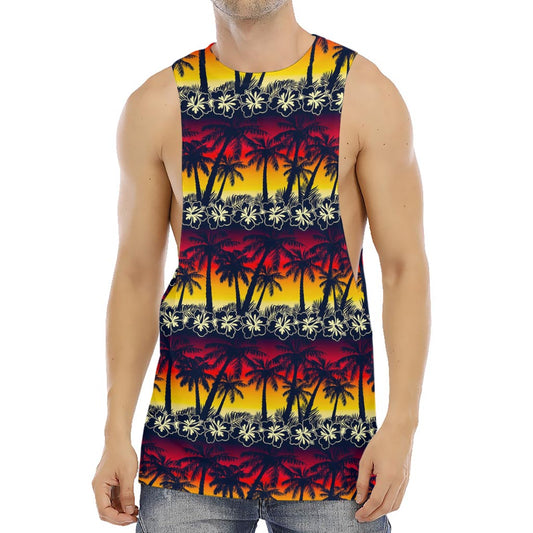 Sunset Hibiscus Palm Tree Pattern Print Men's Muscle Tank Top