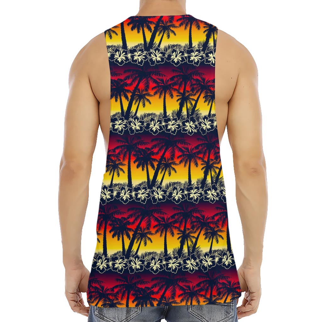 Sunset Hibiscus Palm Tree Pattern Print Men's Muscle Tank Top