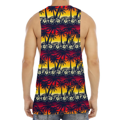 Sunset Hibiscus Palm Tree Pattern Print Men's Muscle Tank Top
