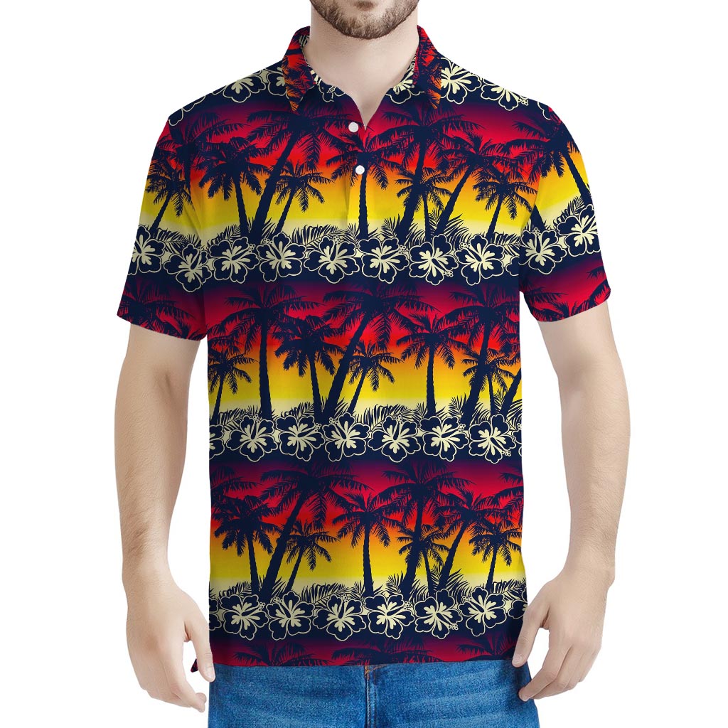Sunset Hibiscus Palm Tree Pattern Print Men's Polo Shirt