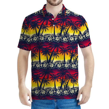 Sunset Hibiscus Palm Tree Pattern Print Men's Polo Shirt