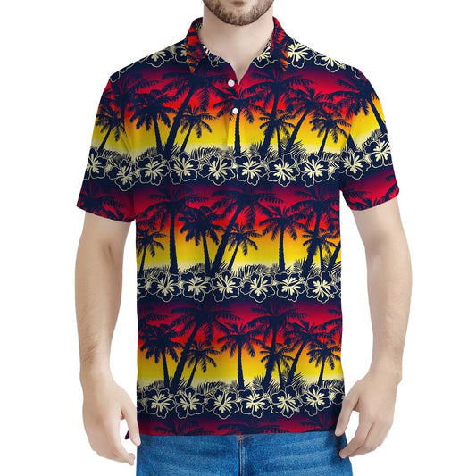 Sunset Hibiscus Palm Tree Pattern Print Men's Polo Shirt
