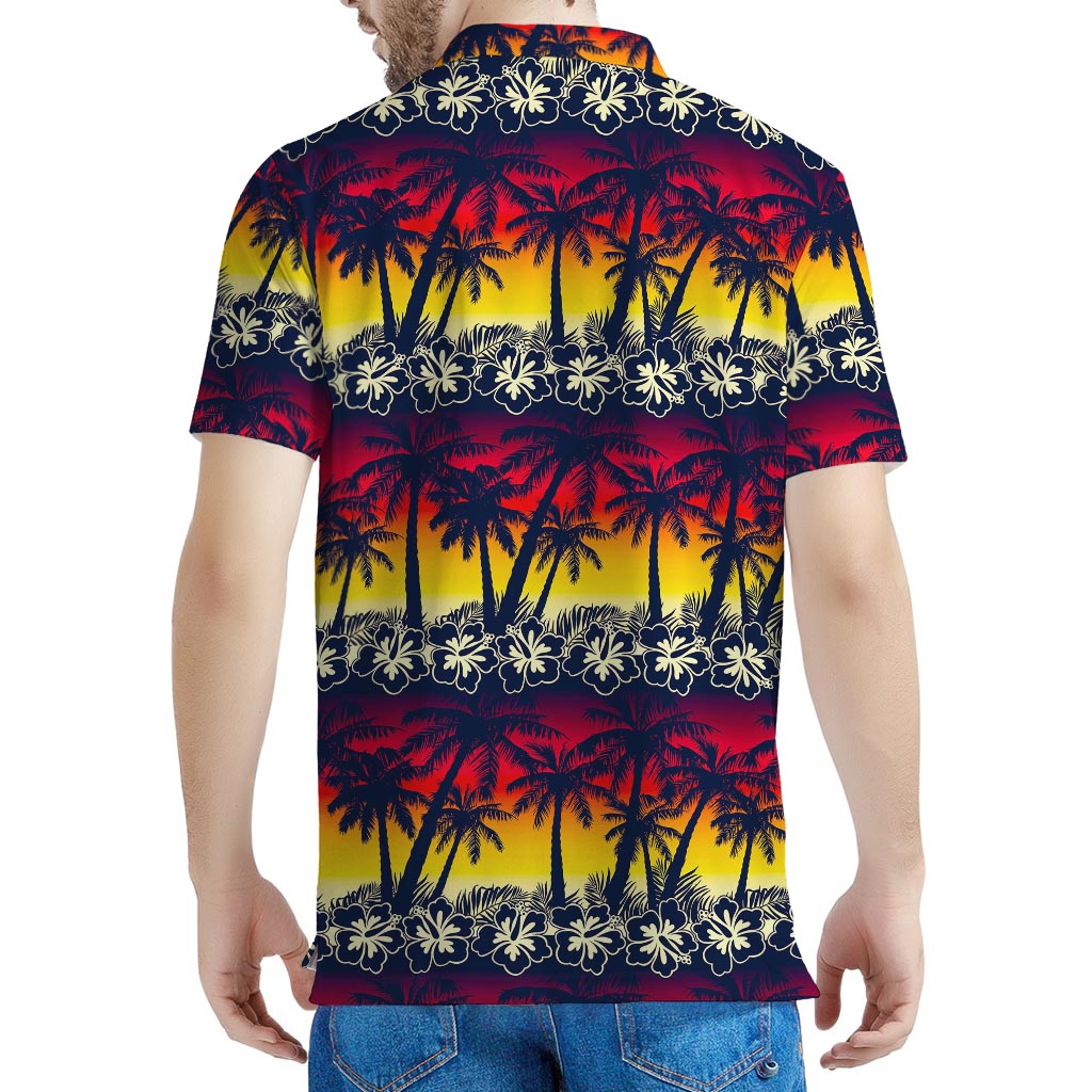 Sunset Hibiscus Palm Tree Pattern Print Men's Polo Shirt
