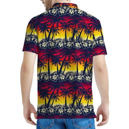 Sunset Hibiscus Palm Tree Pattern Print Men's Polo Shirt
