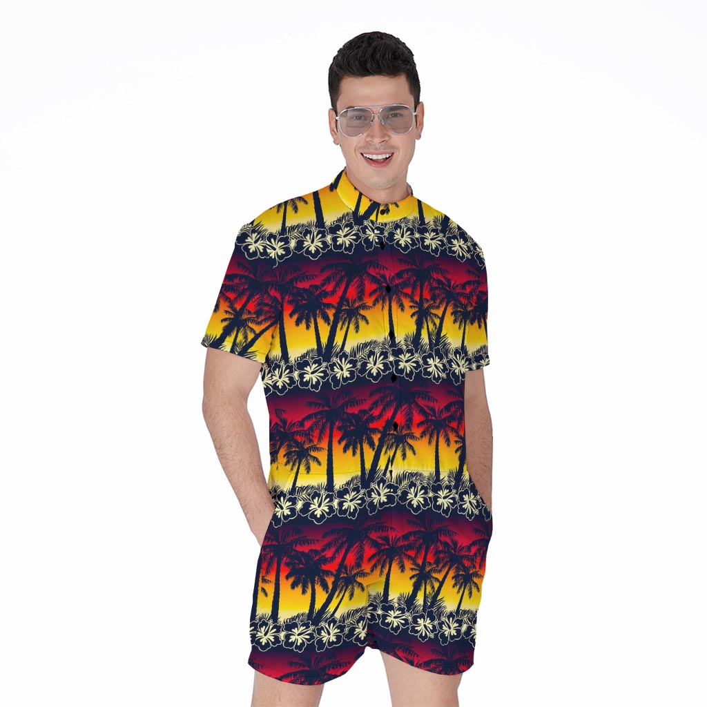 Sunset Hibiscus Palm Tree Pattern Print Men's Rompers