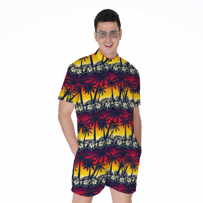 Sunset Hibiscus Palm Tree Pattern Print Men's Rompers
