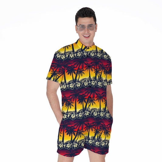 Sunset Hibiscus Palm Tree Pattern Print Men's Rompers