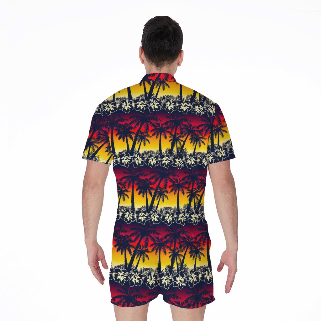 Sunset Hibiscus Palm Tree Pattern Print Men's Rompers