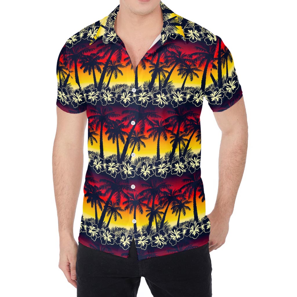 Sunset Hibiscus Palm Tree Pattern Print Men's Shirt