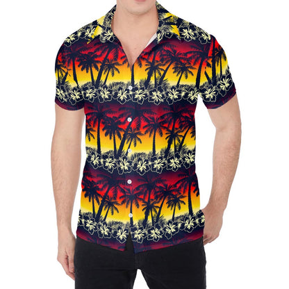 Sunset Hibiscus Palm Tree Pattern Print Men's Shirt