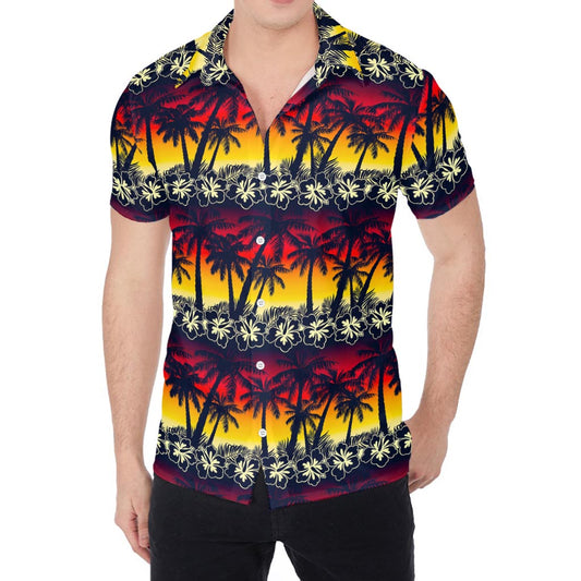 Sunset Hibiscus Palm Tree Pattern Print Men's Shirt