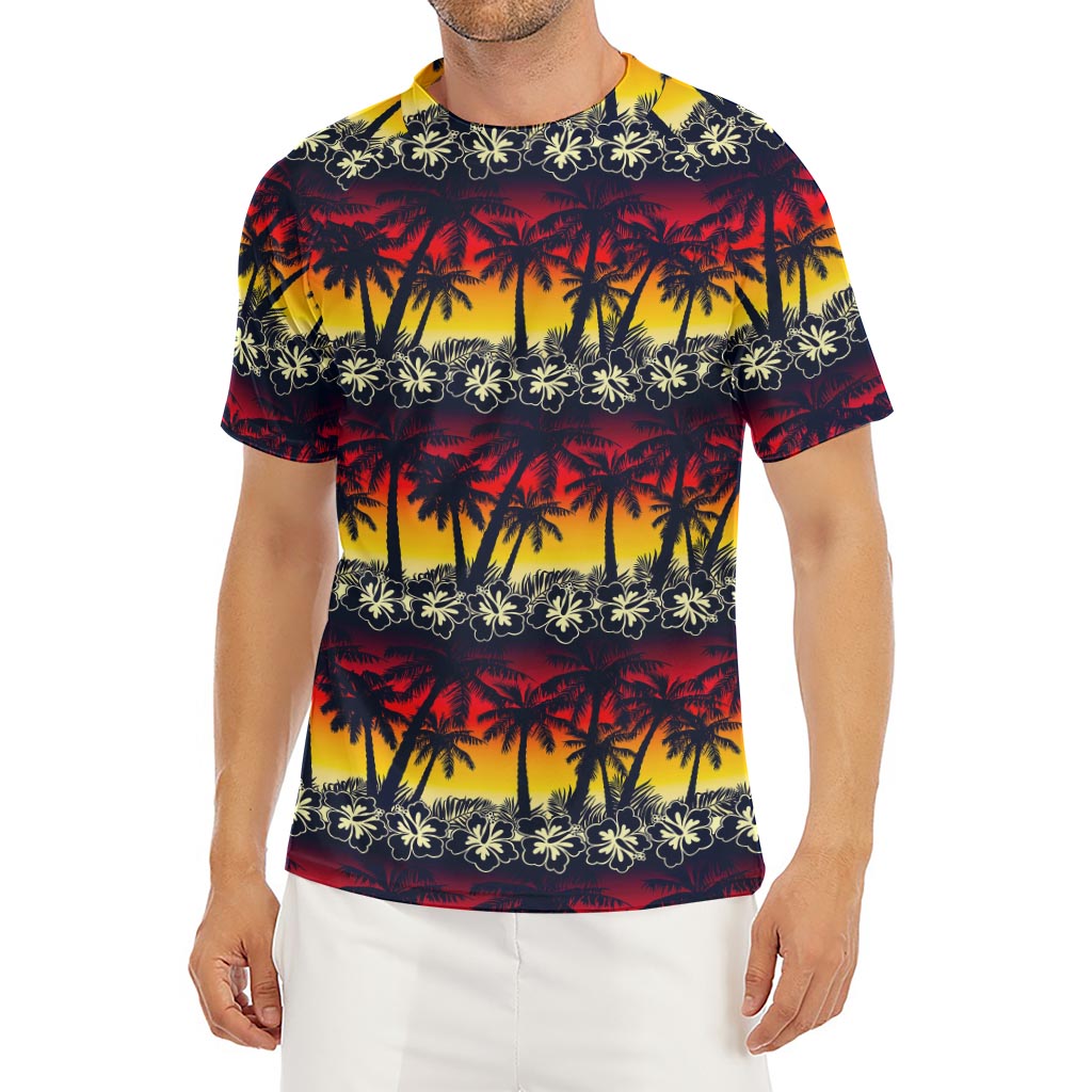 Sunset Hibiscus Palm Tree Pattern Print Men's Short Sleeve Rash Guard