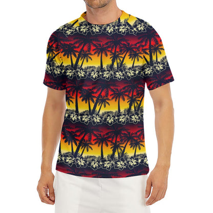 Sunset Hibiscus Palm Tree Pattern Print Men's Short Sleeve Rash Guard