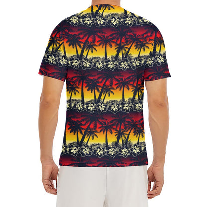 Sunset Hibiscus Palm Tree Pattern Print Men's Short Sleeve Rash Guard