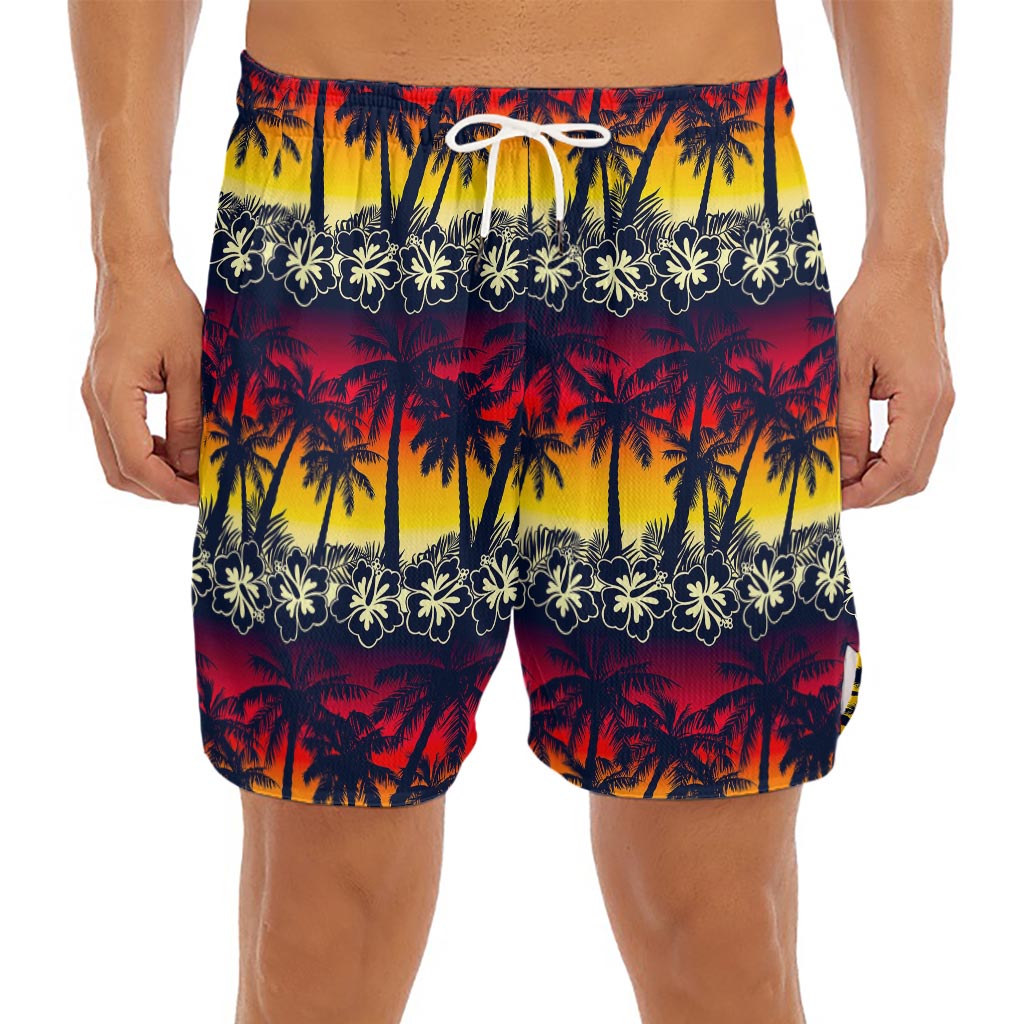 Sunset Hibiscus Palm Tree Pattern Print Men's Split Running Shorts