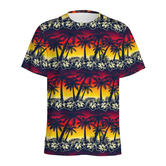 Sunset Hibiscus Palm Tree Pattern Print Men's Sports T-Shirt