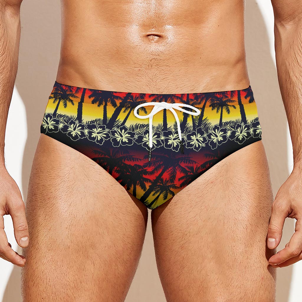 Sunset Hibiscus Palm Tree Pattern Print Men's Swim Briefs