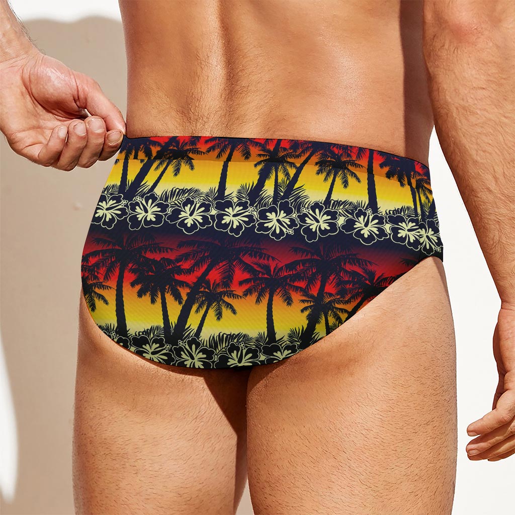 Sunset Hibiscus Palm Tree Pattern Print Men's Swim Briefs