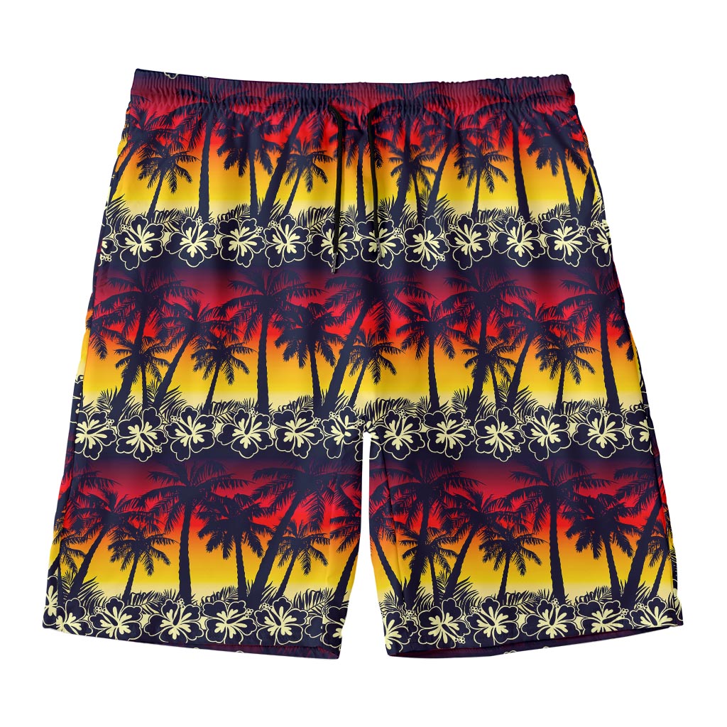 Sunset Hibiscus Palm Tree Pattern Print Men's Swim Trunks