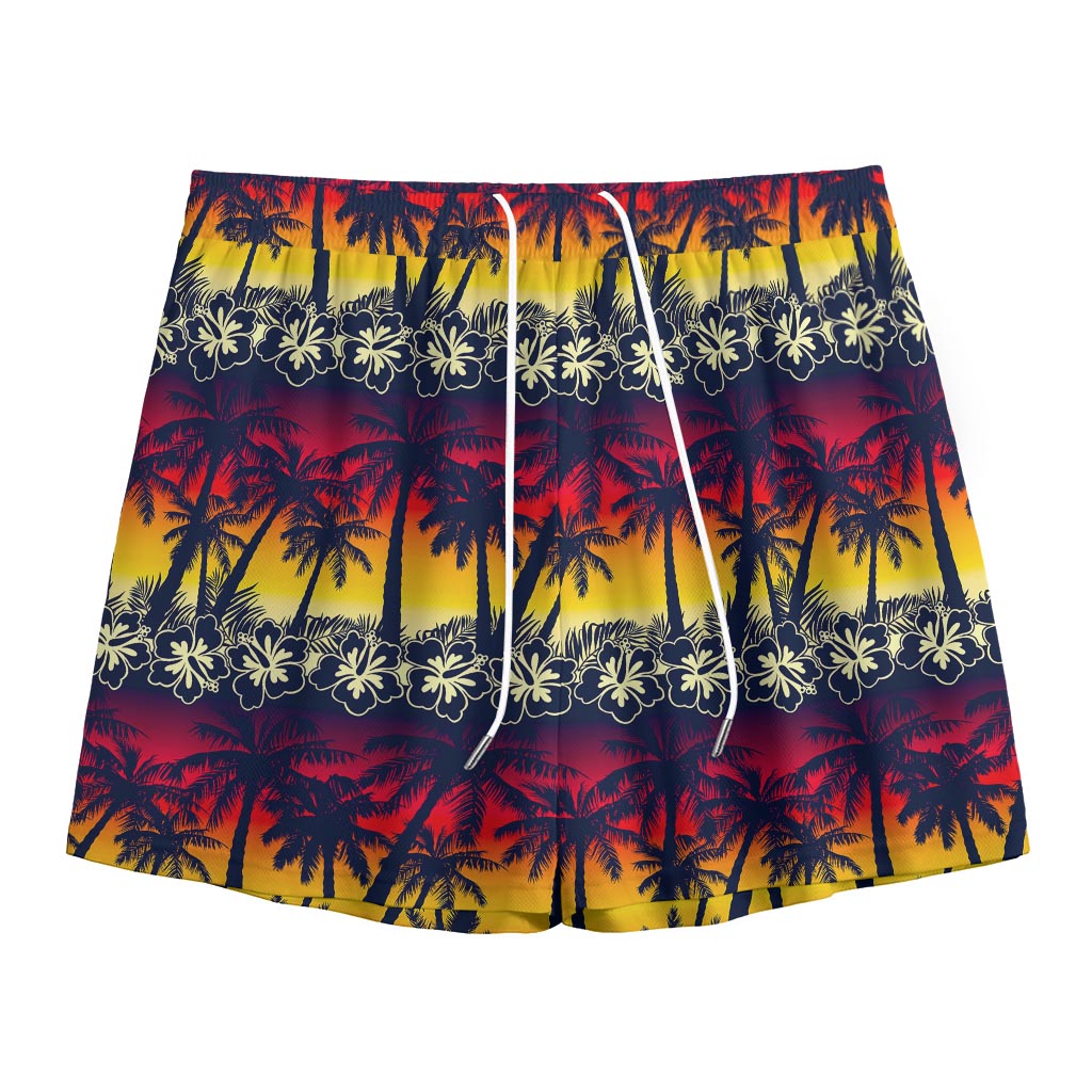 Sunset Hibiscus Palm Tree Pattern Print Mesh Shorts