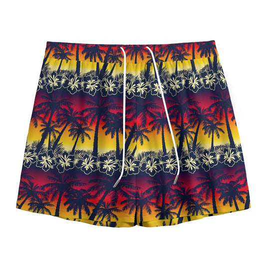 Sunset Hibiscus Palm Tree Pattern Print Mesh Shorts