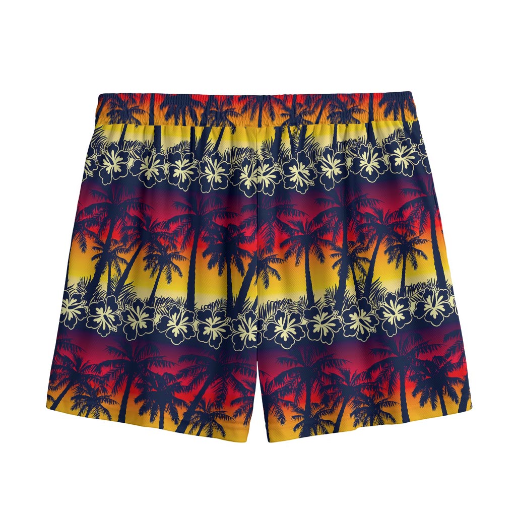 Sunset Hibiscus Palm Tree Pattern Print Mesh Shorts
