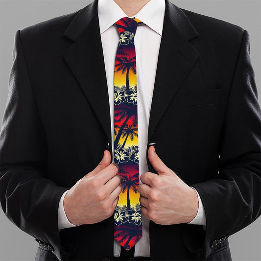 Sunset Hibiscus Palm Tree Pattern Print Necktie