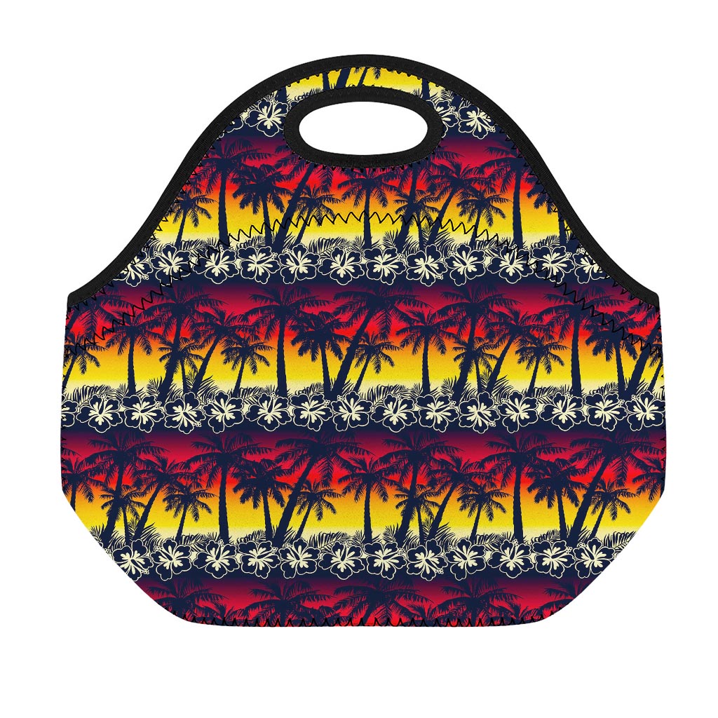 Sunset Hibiscus Palm Tree Pattern Print Neoprene Lunch Bag