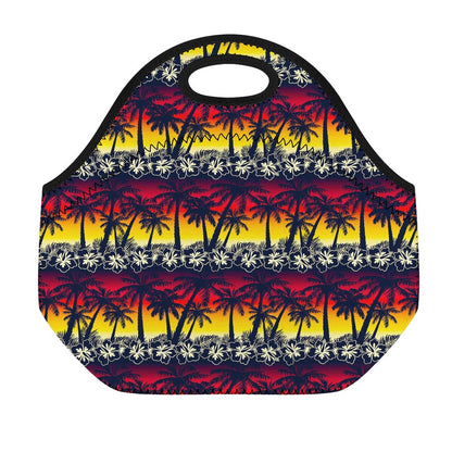 Sunset Hibiscus Palm Tree Pattern Print Neoprene Lunch Bag