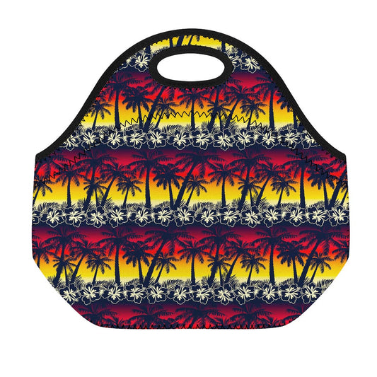 Sunset Hibiscus Palm Tree Pattern Print Neoprene Lunch Bag